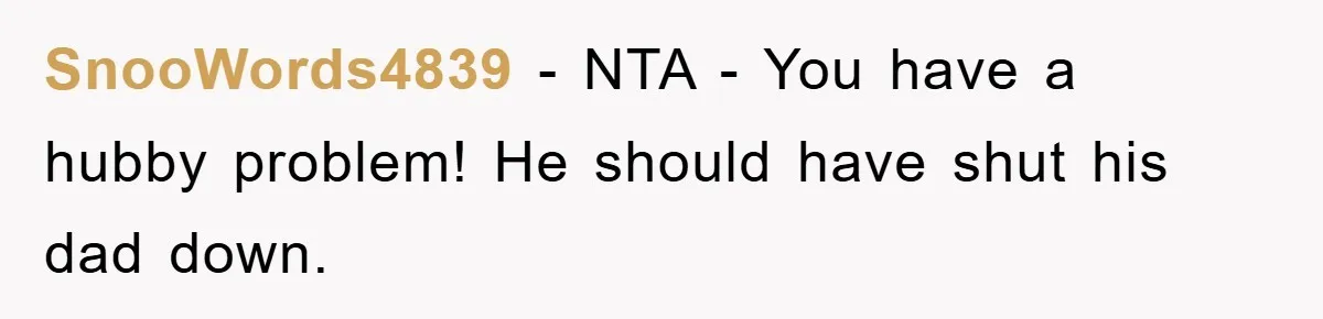 SnooWords4839 − NTA - You have a hubby problem! He should have shut his dad down.