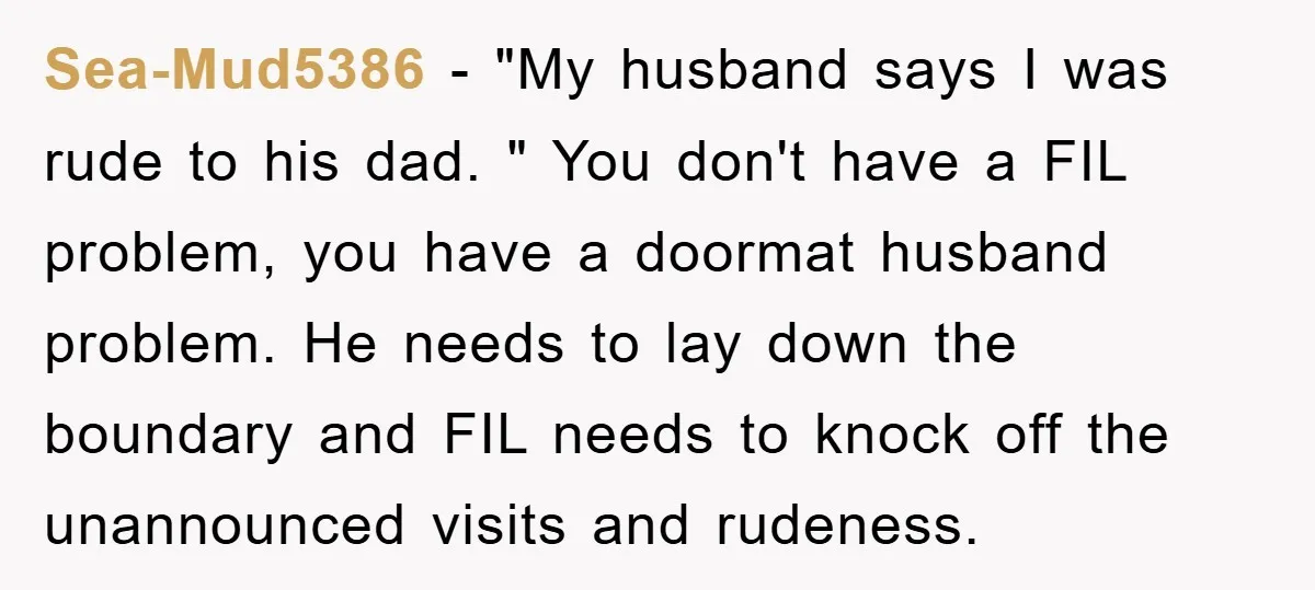 Sea-Mud5386 − "My husband says I was rude to his dad. " You don't have a FIL problem, you have a doormat husband problem. He needs to lay down the...
