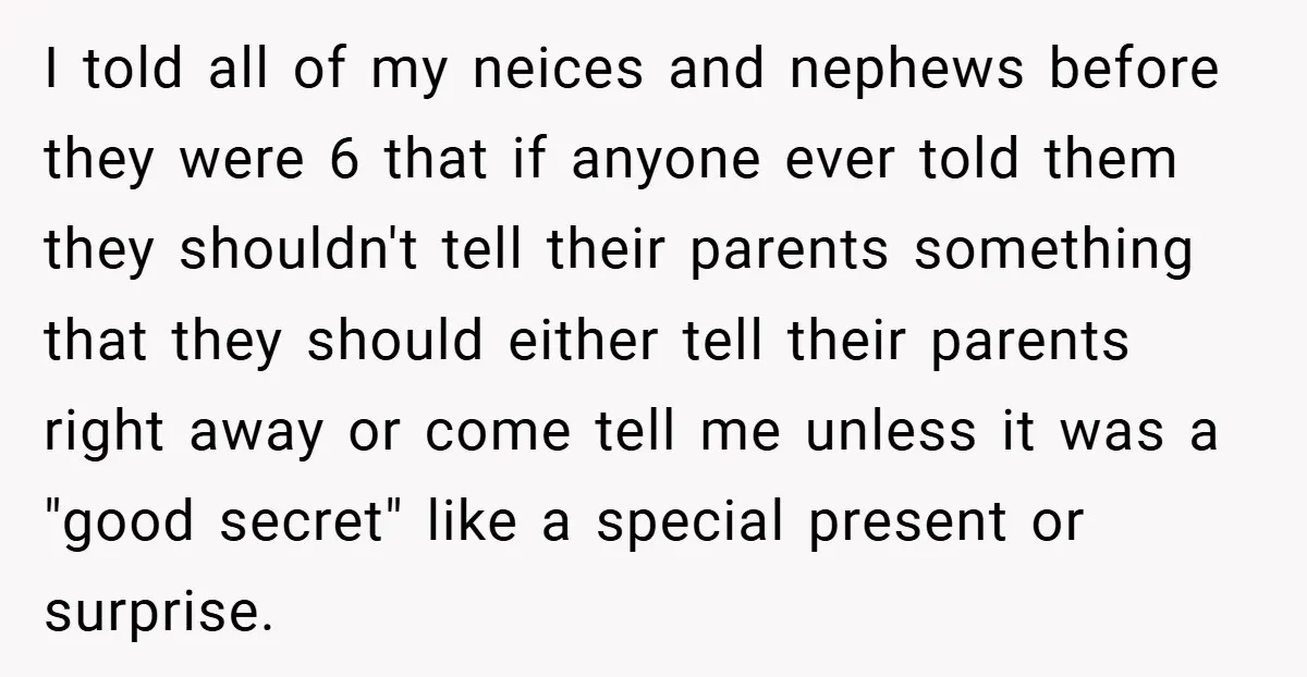 I told all of my neices and nephews before they were 6 that if anyone ever told them they shouldn't tell their parents something that they should either tell their...