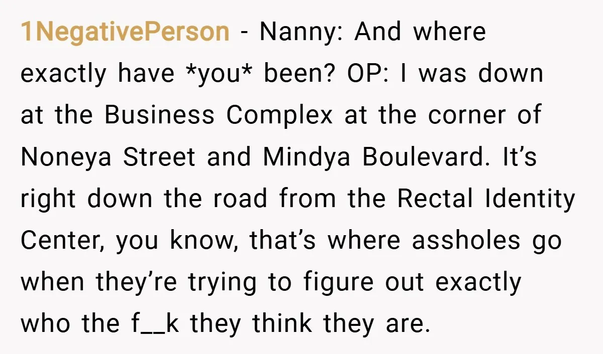1NegativePerson − Nanny: And where exactly have *you* been? OP: I was down at the Business Complex at the corner of Noneya Street and Mindya Boulevard. It’s right down the...