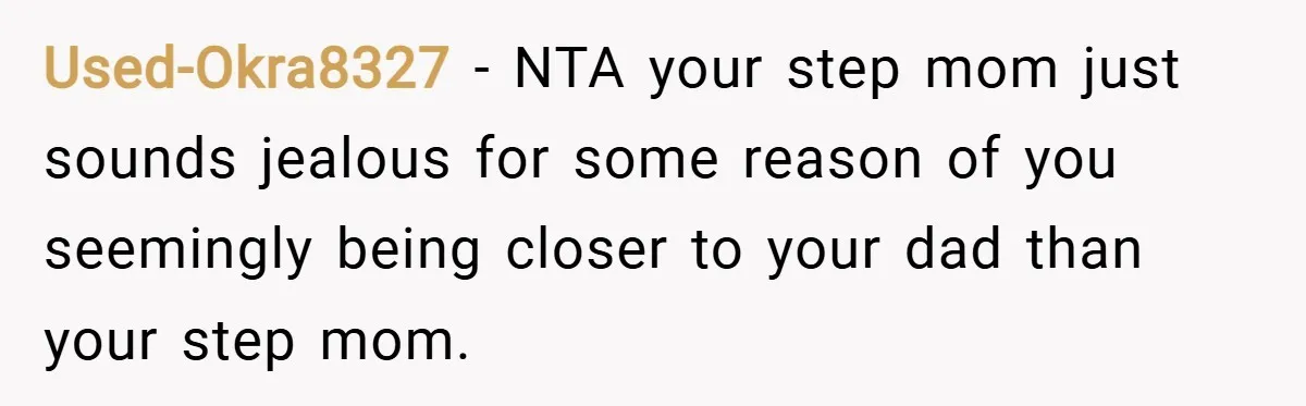 Used-Okra8327 − NTA your step mom just sounds jealous for some reason of you seemingly being closer to your dad than your step mom.