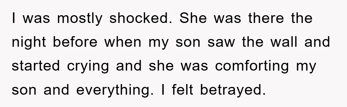 I was mostly shocked. She was there the night before when my son saw the wall and started crying and she was comforting my son and everything. I felt betrayed.