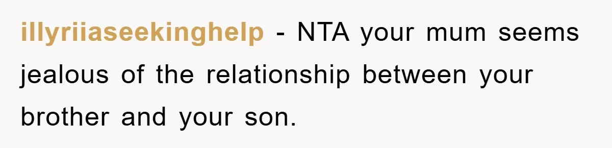 illyriiaseekinghelp - NTA your mum seems jealous of the relationship between your brother and your son.