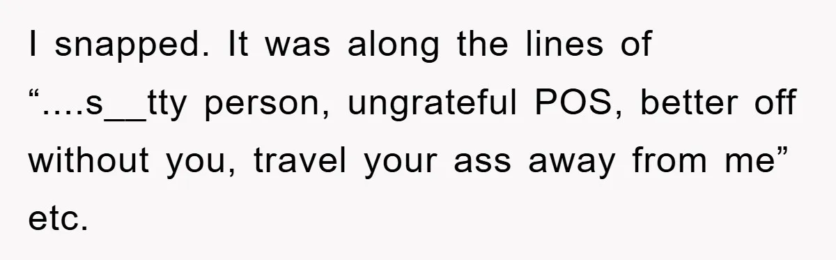 I snapped. It was along the lines of “....s__tty person, ungrateful POS, better off without you, travel your ass away from me” etc.