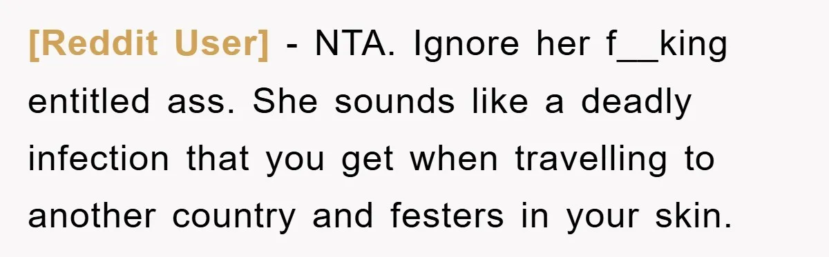 [Reddit User] − NTA. Ignore her f__king entitled ass. She sounds like a deadly infection that you get when travelling to another country and festers in your skin.