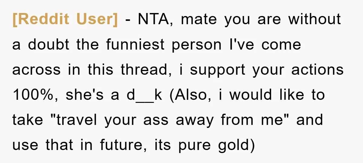 [Reddit User] − NTA, mate you are without a doubt the funniest person I've come across in this thread, i support your actions 100%, she's a d__k (Also, i would...