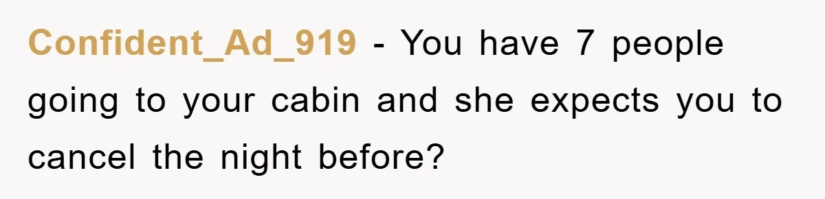 Confident_Ad_919 - You have 7 people going to your cabin and she expects you to cancel the night before?