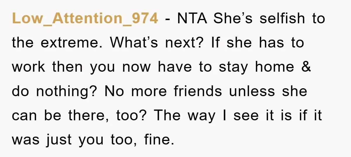 Low_Attention_974 - NTA She’s selfish to the extreme. What’s next? If she has to work then you now have to stay home & do nothing? No more friends unless she...