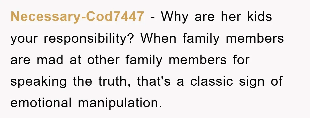 Necessary-Cod7447 − Why are her kids your responsibility? When family members are mad at other family members for speaking the truth, that's a classic sign of emotional manipulation.