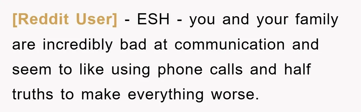 [Reddit User] − ESH - you and your family are incredibly bad at communication and seem to like using phone calls and half truths to make everything worse.