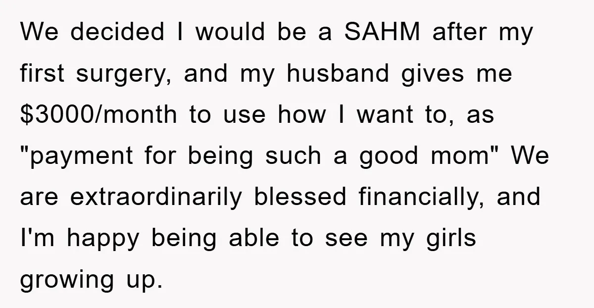 We decided I would be a SAHM after my first surgery, and my husband gives me $3000/month to use how I want to, as "payment for being such a good...