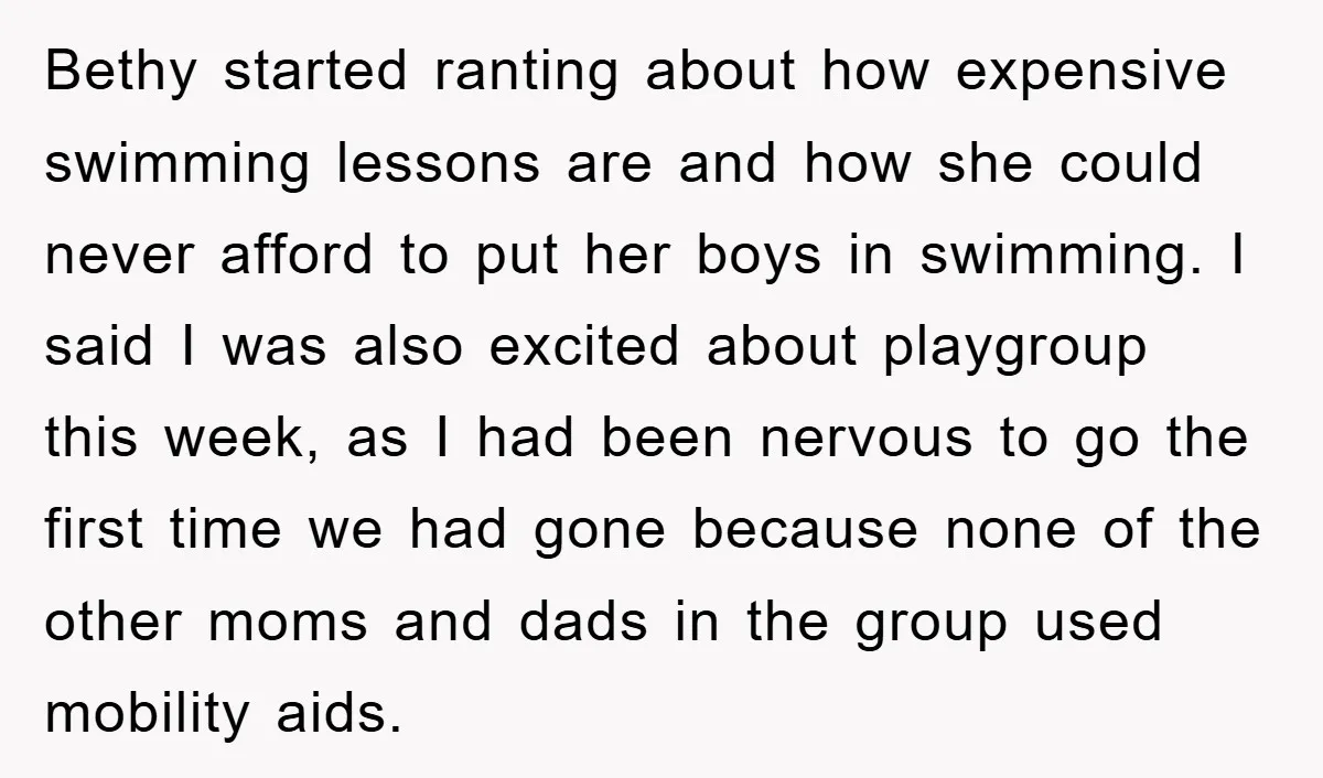 Bethy started ranting about how expensive swimming lessons are and how she could never afford to put her boys in swimming. I said I was also excited about playgroup this...