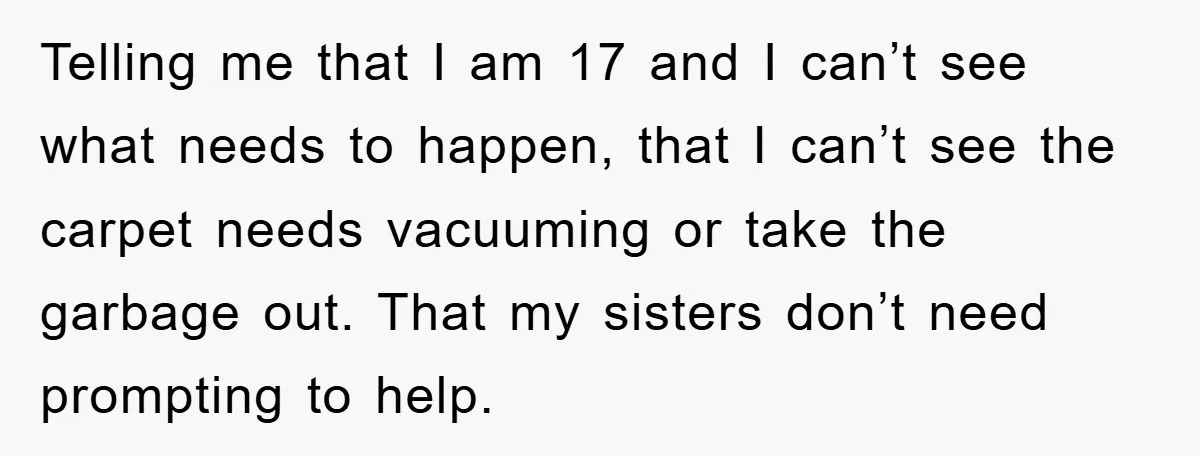 Telling me that I am 17 and I can’t see what needs to happen, that I can’t see the carpet needs vacuuming or take the garbage out. That my sisters...