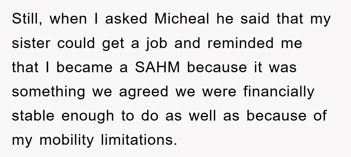 Still, when I asked Micheal he said that my sister could get a job and reminded me that I became a SAHM because it was something we agreed we were...