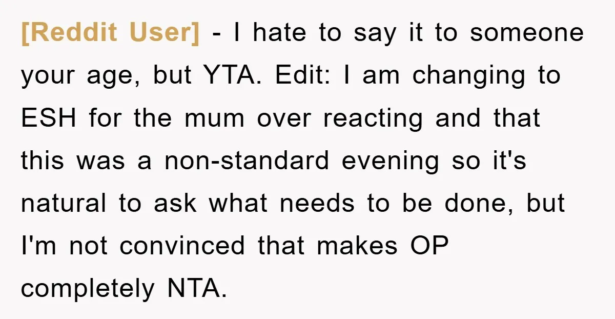 [Reddit User] − I hate to say it to someone your age, but YTA. Edit: I am changing to ESH for the mum over reacting and that this was a...