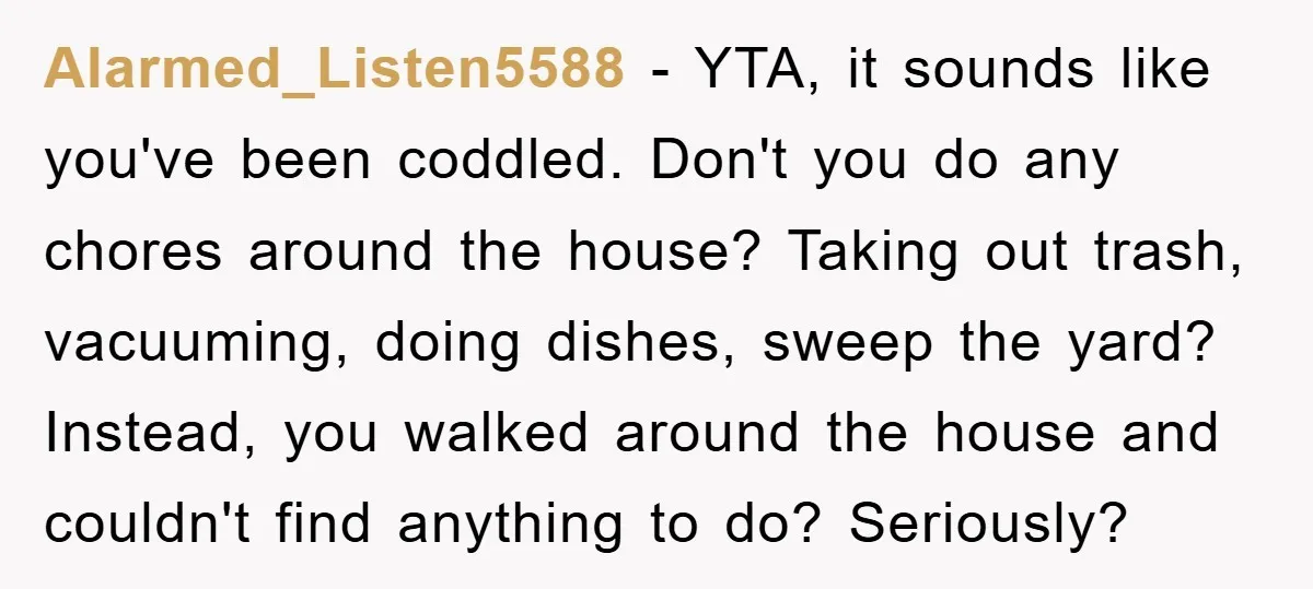 Alarmed_Listen5588 − YTA, it sounds like you've been coddled. Don't you do any chores around the house? Taking out trash, vacuuming, doing dishes, sweep the yard? Instead, you walked around...
