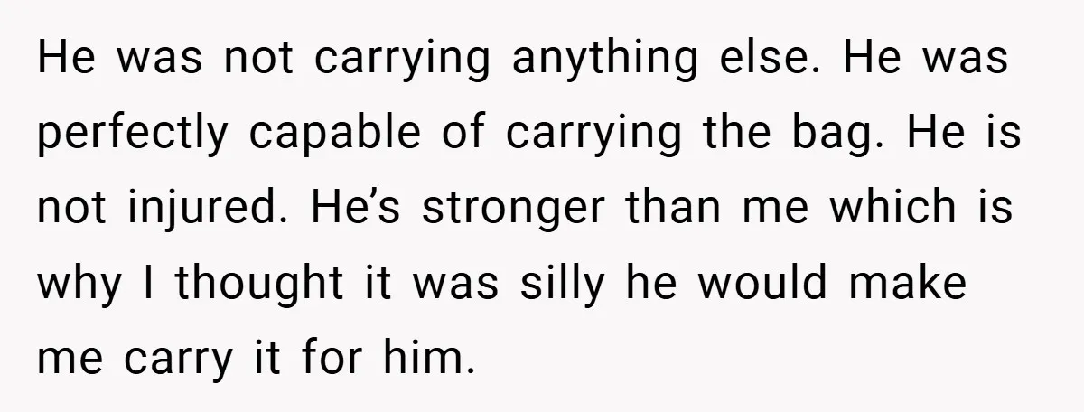 He was not carrying anything else. He was perfectly capable of carrying the bag. He is not injured. He’s stronger than me which is why I thought it was silly...