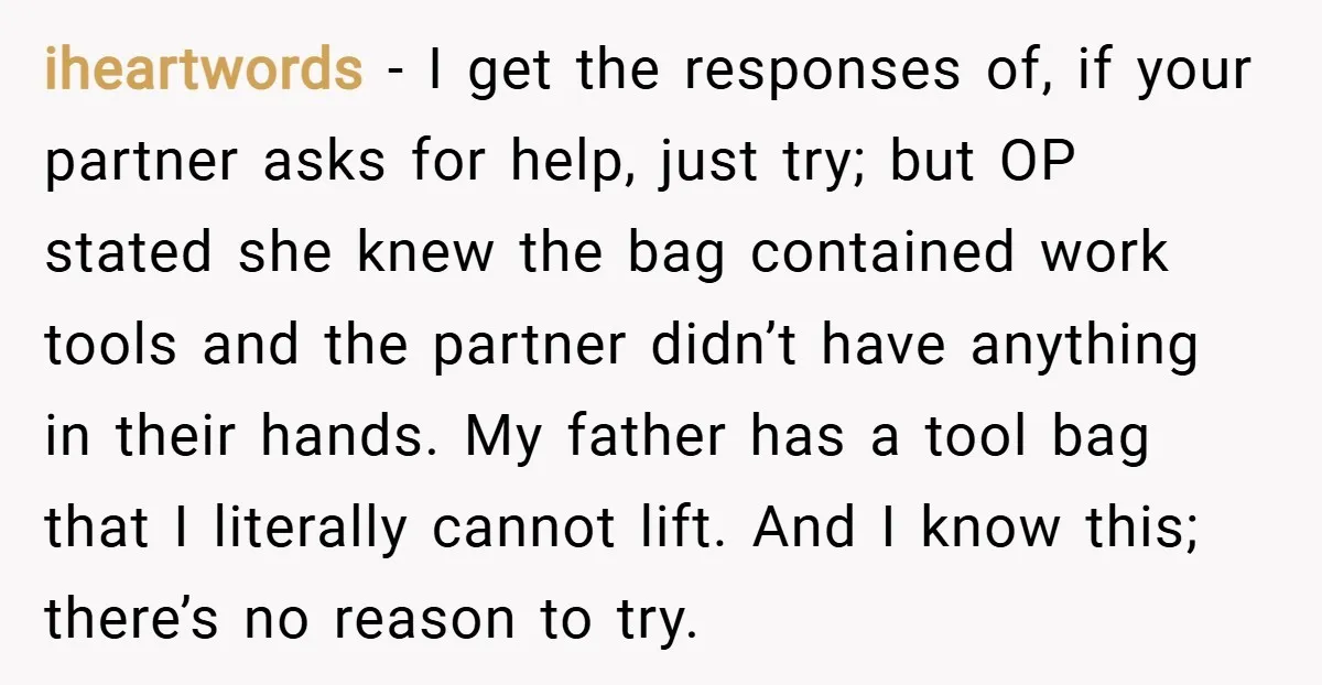 iheartwords − I get the responses of, if your partner asks for help, just try; but OP stated she knew the bag contained work tools and the partner didn’t have...