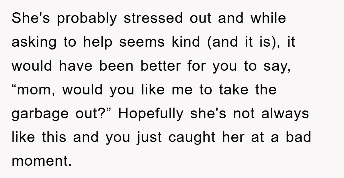 She's probably stressed out and while asking to help seems kind (and it is), it would have been better for you to say, “mom, would you like me to take...