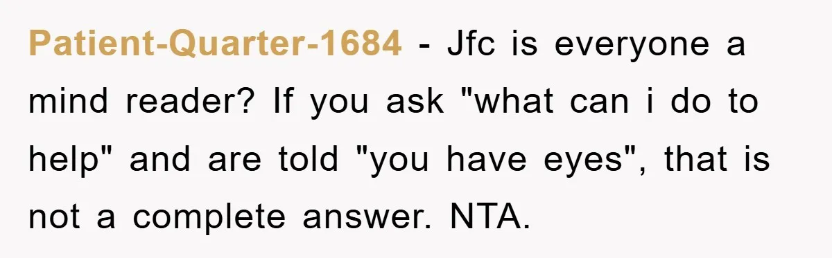 Patient-Quarter-1684 − Jfc is everyone a mind reader? If you ask "what can i do to help" and are told "you have eyes", that is not a complete answer. NTA.