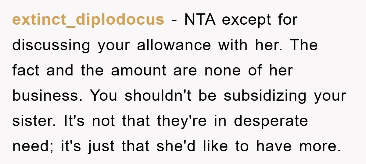 extinct_diplodocus − NTA except for discussing your allowance with her. The fact and the amount are none of her business. You shouldn't be subsidizing your sister. It's not that they're...