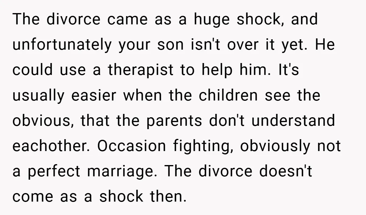 The divorce came as a huge shock, and unfortunately your son isn't over it yet. He could use a therapist to help him. It's usually easier when the children see...