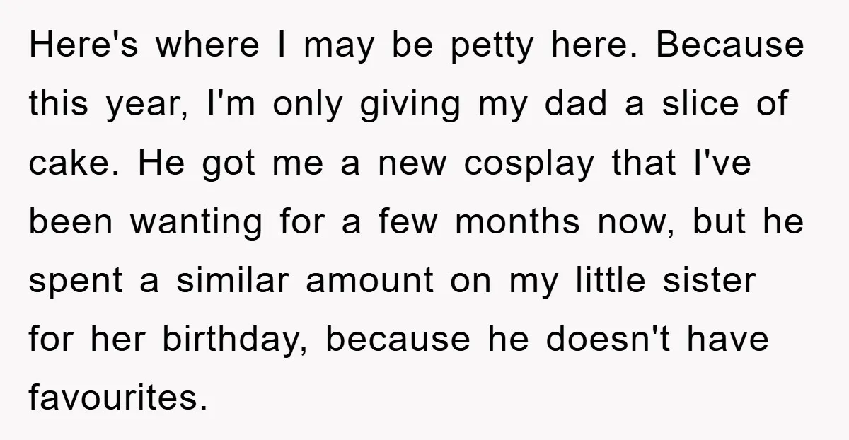 Here's where I may be petty here. Because this year, I'm only giving my dad a slice of cake. He got me a new cosplay that I've been wanting for...