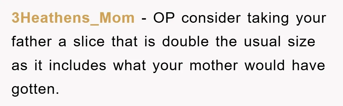 3Heathens_Mom − OP consider taking your father a slice that is double the usual size as it includes what your mother would have gotten.