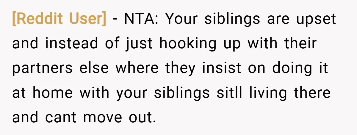 [Reddit User] − NTA: Your siblings are upset and instead of just hooking up with their partners else where they insist on doing it at home with your siblings sitll...