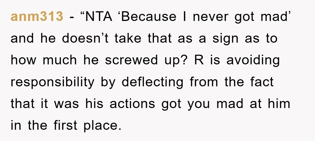 anm313 - “NTA ‘Because I never got mad’ and he doesn’t take that as a sign as to how much he screwed up? R is avoiding responsibility by deflecting from...