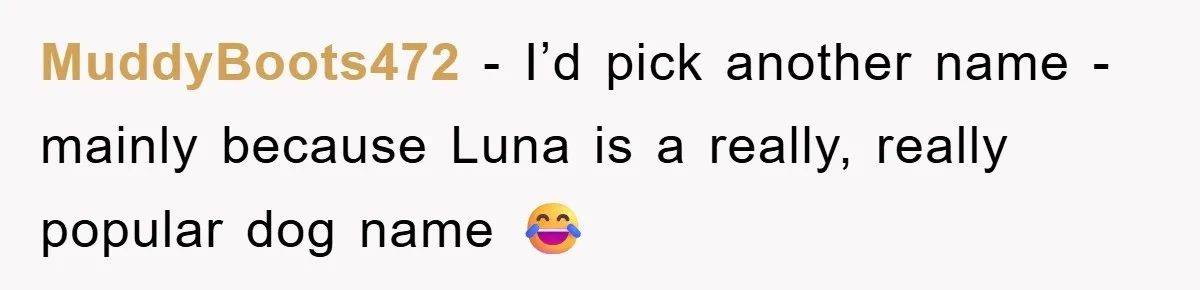 MuddyBoots472 − I’d pick another name - mainly because Luna is a really, really popular dog name 😂