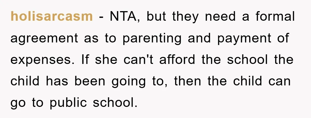 holisarcasm − NTA, but they need a formal agreement as to parenting and payment of expenses. If she can't afford the school the child has been going to, then the...