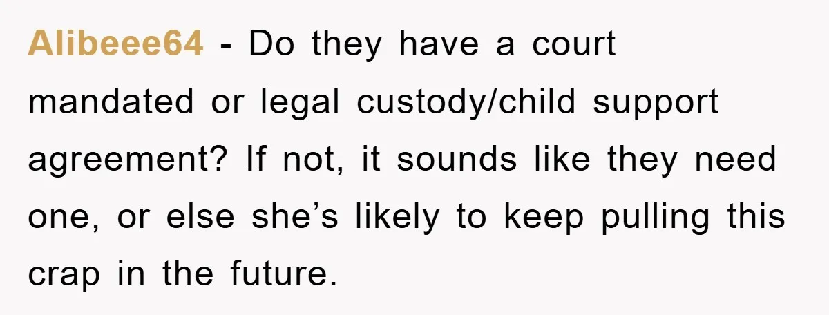 Alibeee64 − Do they have a court mandated or legal custody/child support agreement? If not, it sounds like they need one, or else she’s likely to keep pulling this crap...