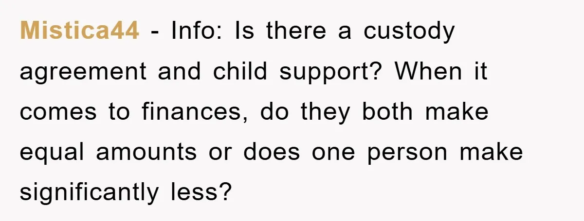 Mistica44 − Info: Is there a custody agreement and child support? When it comes to finances, do they both make equal amounts or does one person make significantly less?