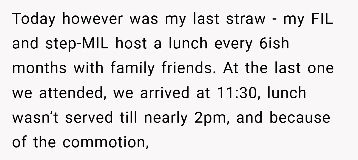 Today however was my last straw - my FIL and step-MIL host a lunch every 6ish months with family friends. At the last one we attended, we arrived at 11:30,...