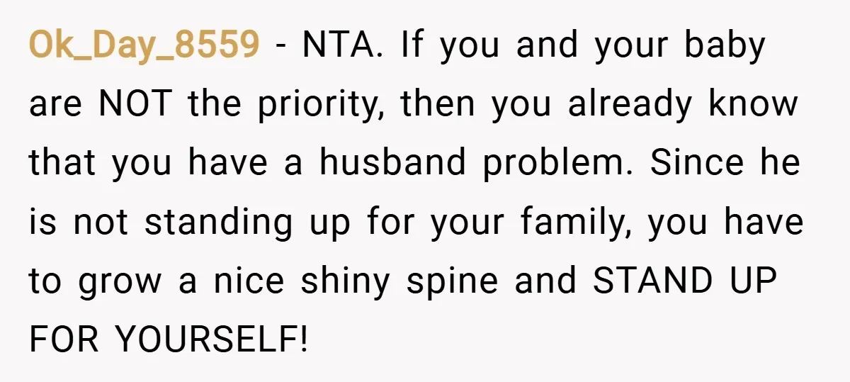 Ok_Day_8559 − NTA. If you and your baby are NOT the priority, then you already know that you have a husband problem. Since he is not standing up for your...