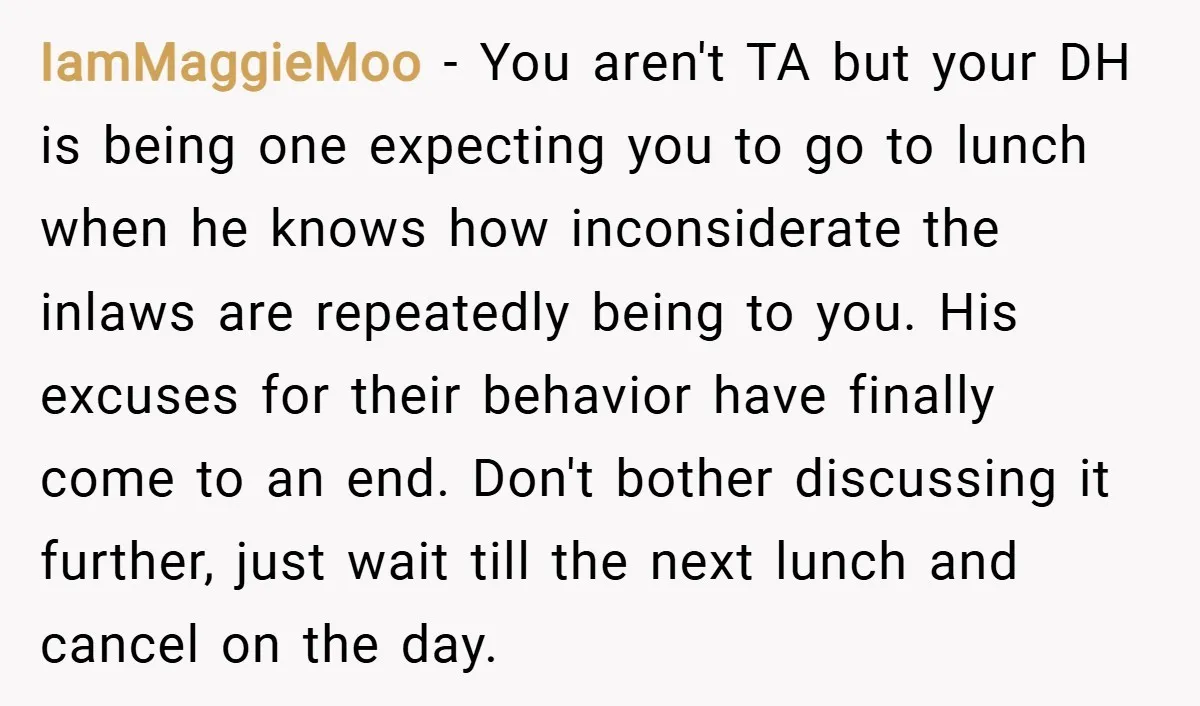 IamMaggieMoo − You aren't TA but your DH is being one expecting you to go to lunch when he knows how inconsiderate the inlaws are repeatedly being to you. His...