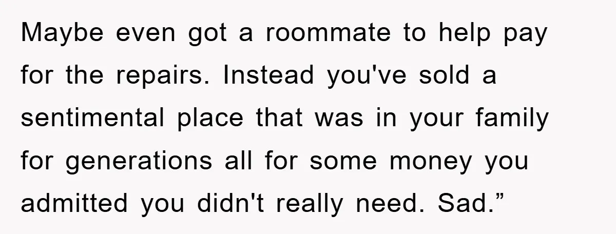 Maybe even got a roommate to help pay for the repairs. Instead you've sold a sentimental place that was in your family for generations all for some money you admitted...
