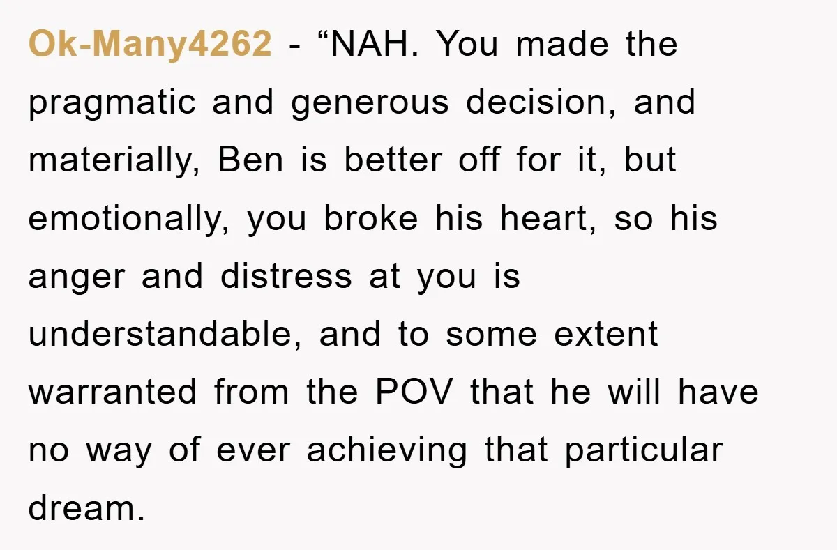 Ok-Many4262 - “NAH. You made the pragmatic and generous decision, and materially, Ben is better off for it, but emotionally, you broke his heart, so his anger and distress at...