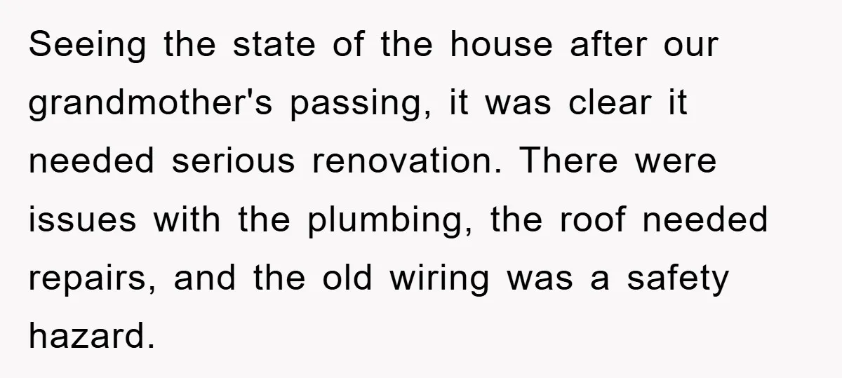 Seeing the state of the house after our grandmother's passing, it was clear it needed serious renovation. There were issues with the plumbing, the roof needed repairs, and the old...