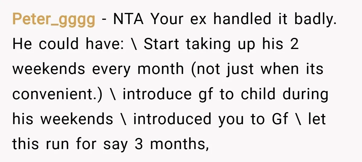Peter_gggg − NTA Your ex handled it badly. He could have: \ Start taking up his 2 weekends every month (not just when its convenient.) \ introduce gf to child...