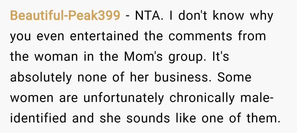 Beautiful-Peak399 − NTA. I don't know why you even entertained the comments from the woman in the Mom's group. It's absolutely none of her business. Some women are unfortunately chronically...