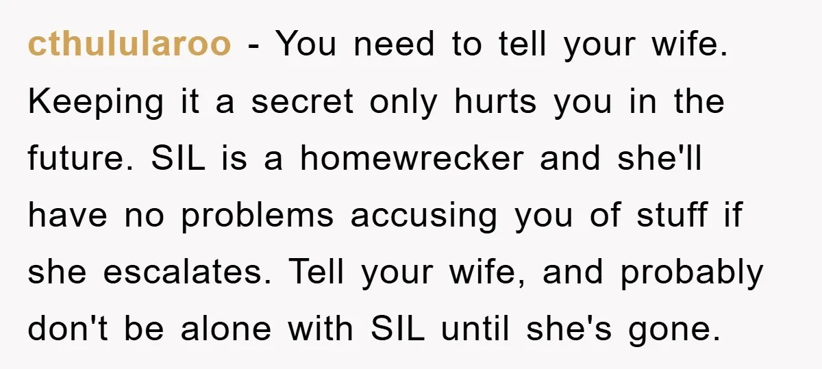 cthulularoo − You need to tell your wife. Keeping it a secret only hurts you in the future. SIL is a homewrecker and she'll have no problems accusing you of...