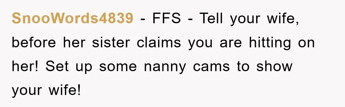 SnooWords4839 − FFS - Tell your wife, before her sister claims you are hitting on her! Set up some nanny cams to show your wife!