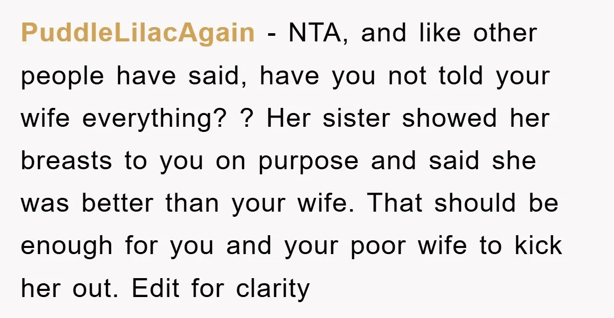 PuddleLilacAgain − NTA, and like other people have said, have you not told your wife everything? ? Her sister showed her breasts to you on purpose and said she was...