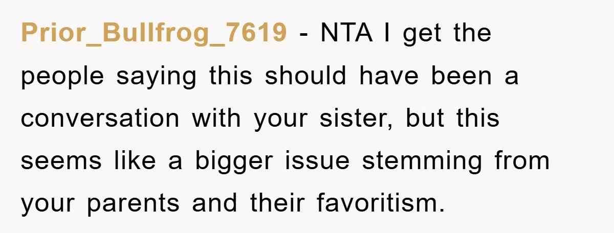 Prior_Bullfrog_7619 − NTA I get the people saying this should have been a conversation with your sister, but this seems like a bigger issue stemming from your parents and their...