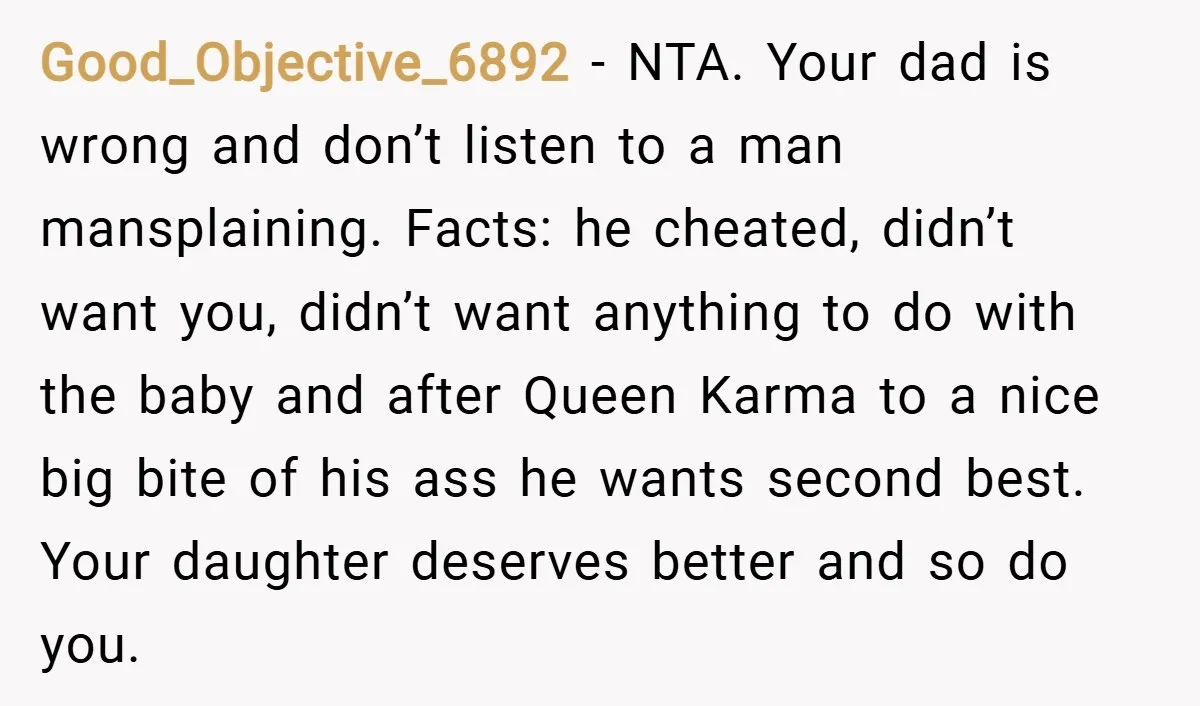 Good_Objective_6892 − NTA. Your dad is wrong and don’t listen to a man mansplaining. Facts: he cheated, didn’t want you, didn’t want anything to do with the baby and after...