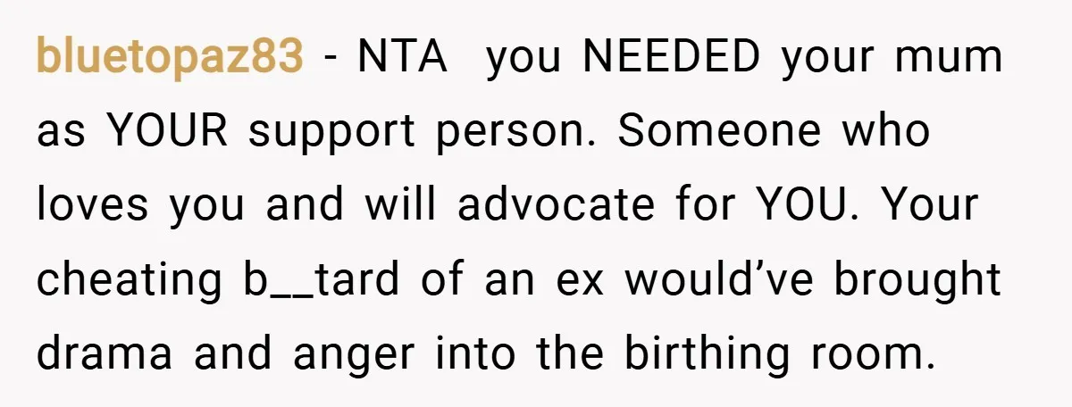 bluetopaz83 − NTA you NEEDED your mum as YOUR support person. Someone who loves you and will advocate for YOU. Your cheating b__tard of an ex would’ve brought drama and...