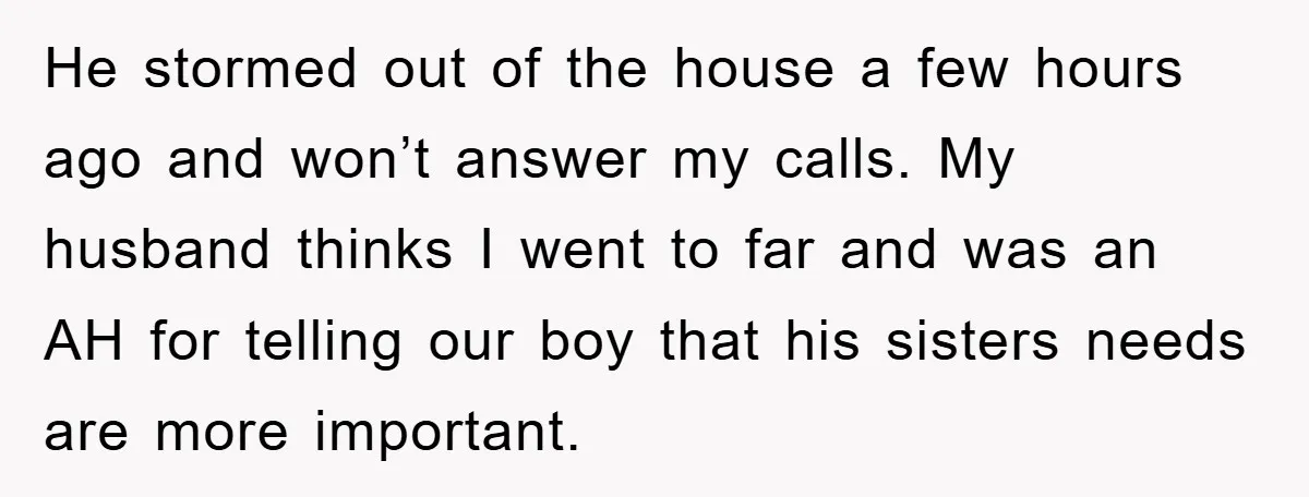 He stormed out of the house a few hours ago and won’t answer my calls. My husband thinks I went to far and was an AH for telling our boy...