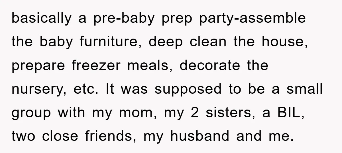 basically a pre-baby prep party-assemble the baby furniture, deep clean the house, prepare freezer meals, decorate the nursery, etc. It was supposed to be a small group with my mom,...